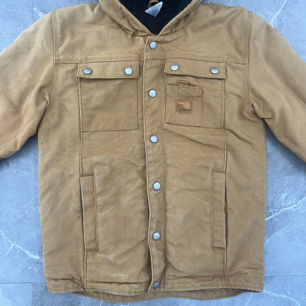 Carhartt Jacket Youth Medium 10 - 12 Diamond Quilted Hooded Faded Brown Boys Kid - Picture 10 of 16